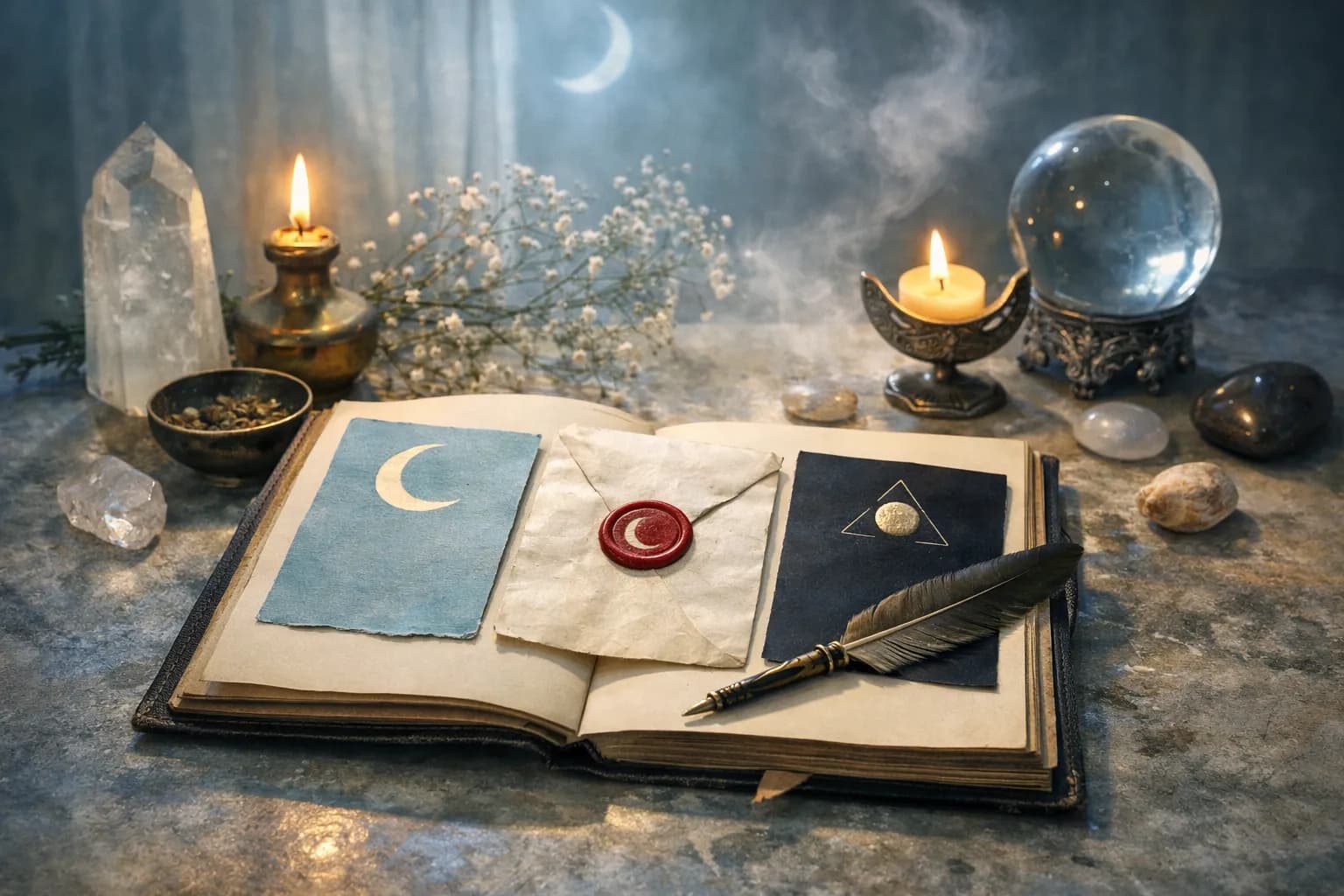 An open book with moon cards and a wax seal by candlelight, with a feather quill on a stone surface.