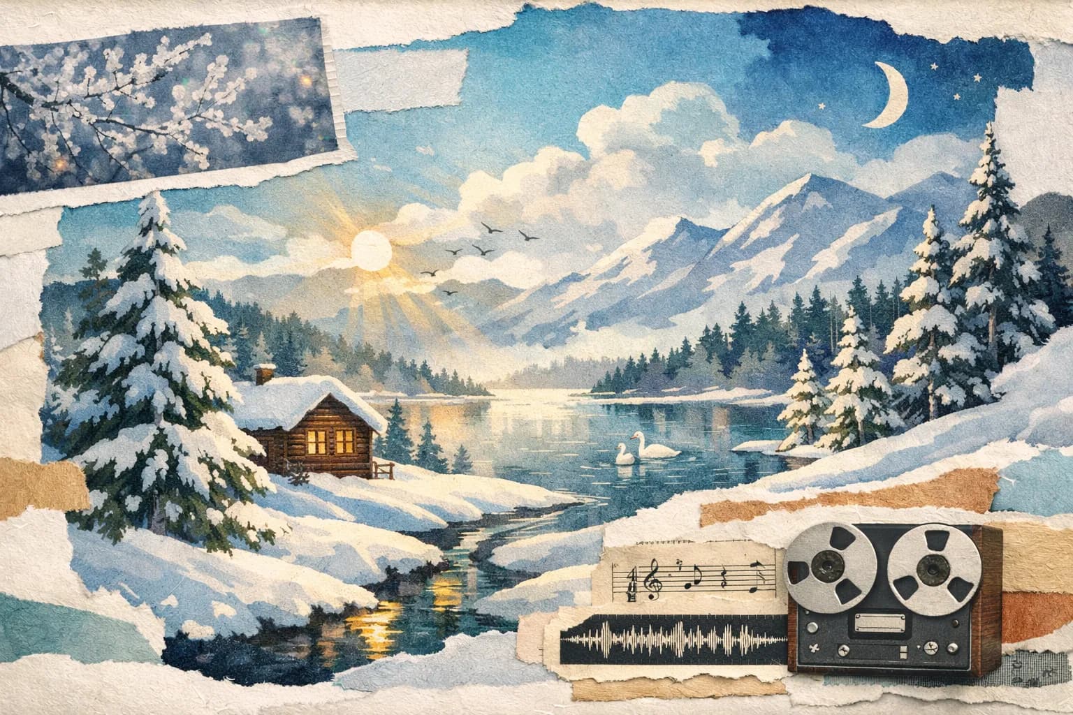 A winter collage with a lake, snow, moon, and an analog tape recorder with soundwave fragments.